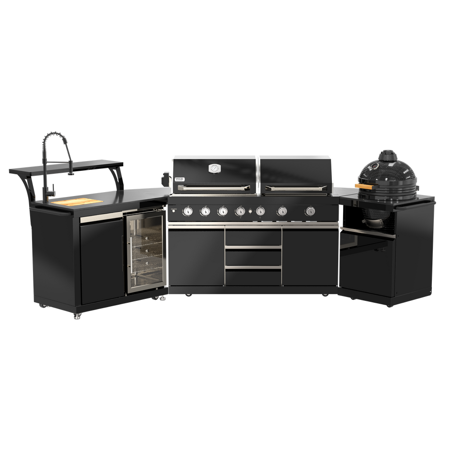 Banff Onyx 7 Burner Grill Griddle Stainless Steel Outdoor Kitchen Island Suite with Kamado Ceramic Grill