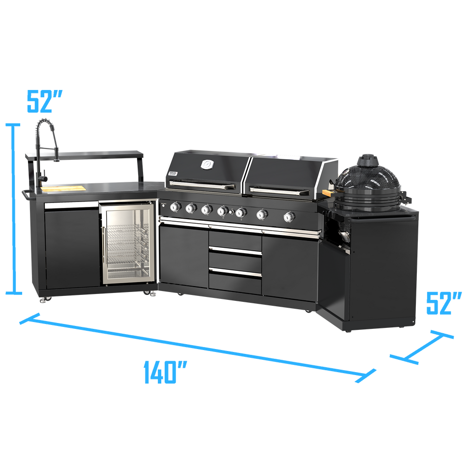 Banff Onyx 7 Burner Grill Griddle Stainless Steel Outdoor Kitchen Island Suite with Kamado Ceramic Grill