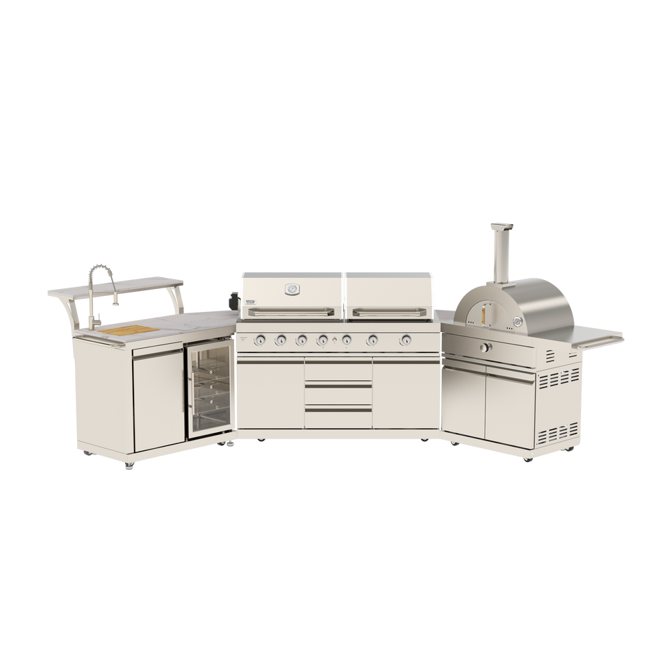 Banff Classic 7 Burner Grill Griddle Stainless Steel Outdoor Kitchen Island Suite with 18" Artisan Pizza Oven