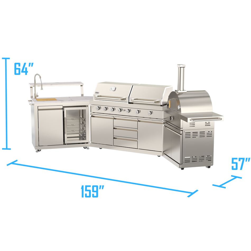 Banff Classic 7 Burner Grill Griddle Stainless Steel Outdoor Kitchen Island Suite with 18" Artisan Pizza Oven