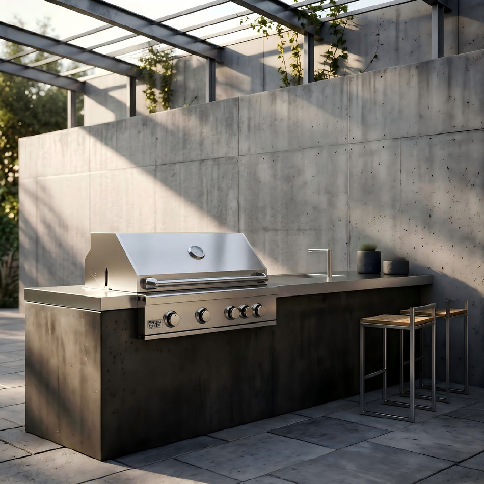 BroilChef 32-inch Built-in Steel 4+1RL-Burner Outdoor Kitchen Island BBQ Propane Grill with Infrared Rear Burner Oven 304 High-Grade Stainless Steel, 4 Main Burners+1 Infrared Rear Burner with Rear Burner BCP-500