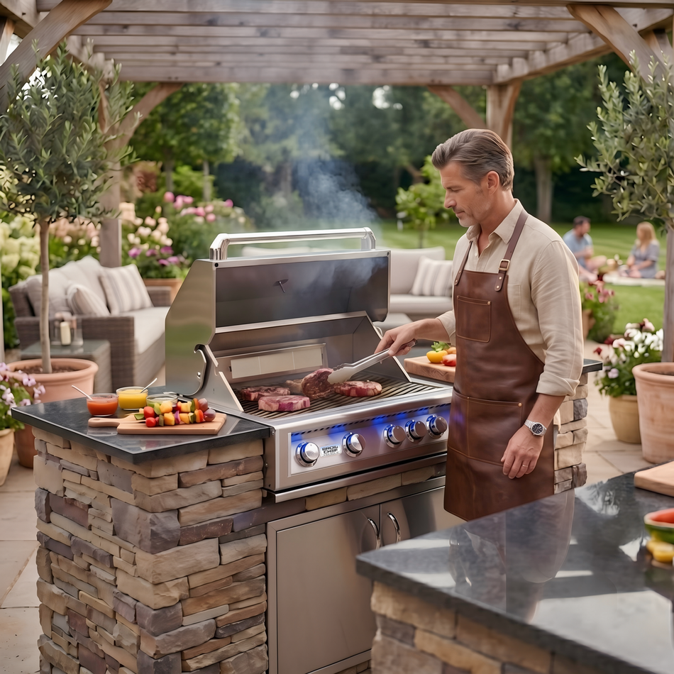 BroilChef 32-inch Built-in Steel 4+1RL-Burner Outdoor Kitchen Island BBQ Propane Grill with Infrared Rear Burner Oven 304 High-Grade Stainless Steel, 4 Main Burners+1 Infrared Rear Burner with Rear Burner BCP-500S